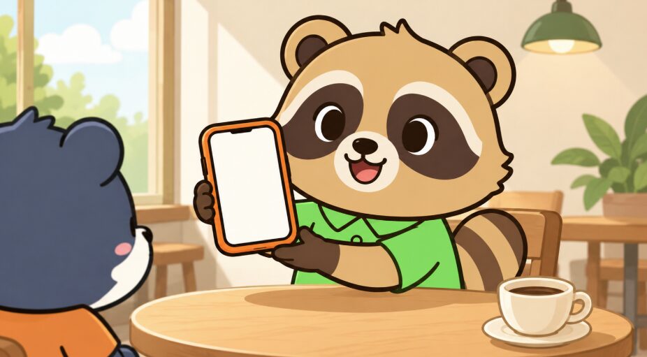 オレンジ色のスマホケースの風水的な意味を、緑のシャツを着たかわいいたぬきが明るく笑いながら紹介しているイラスト
