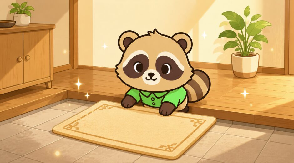 かわいいデフォルメたぬきが、清潔な玄関でベージュの玄関マットを敷いているイラスト。たぬきは緑のシャツを着てやさしく微笑み、木目の床や観葉植物のある空間に、やわらかな金色の光と小さなきらめきが広がっている。