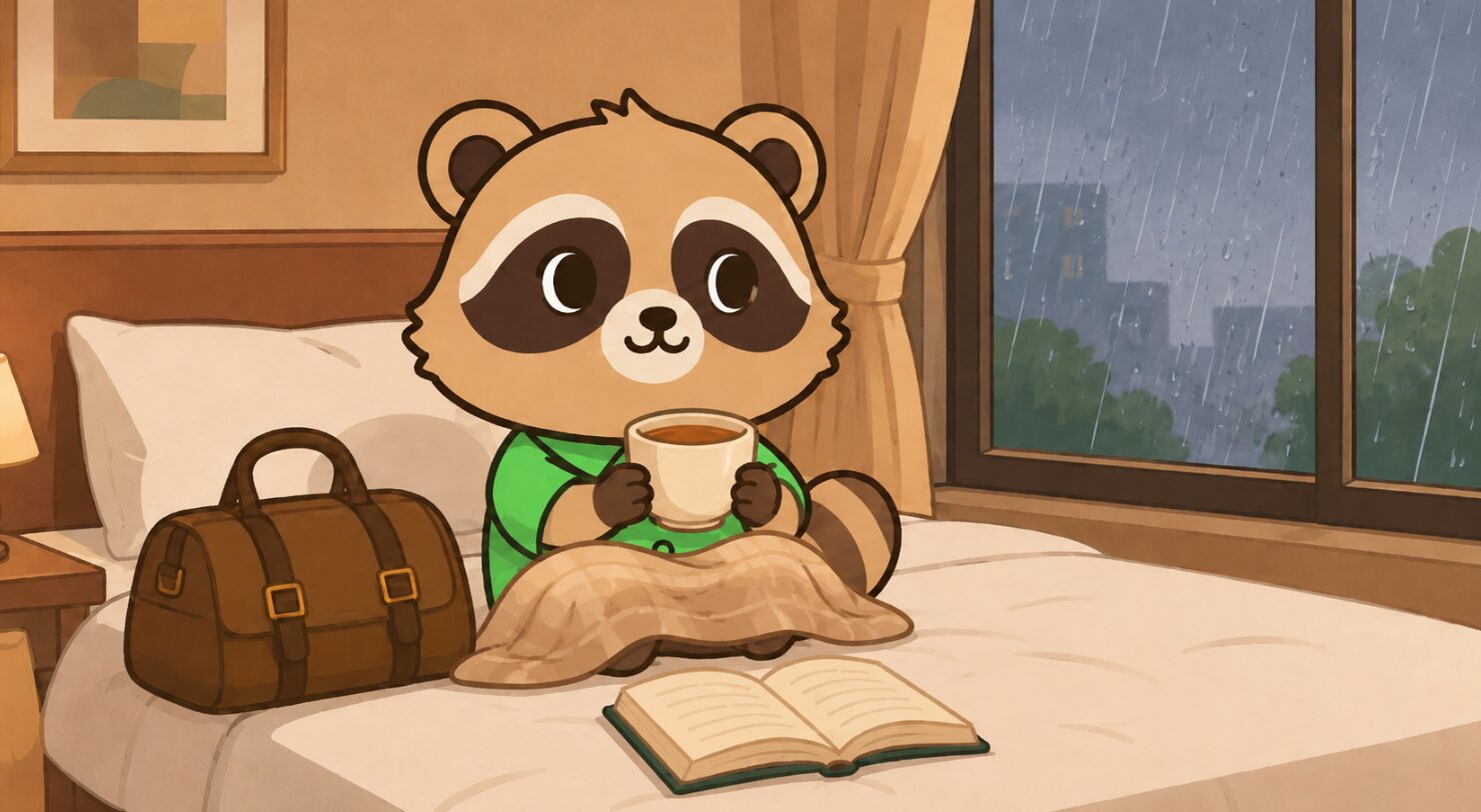 雨の日のホテル客室で、たぬきがベッドに座ってお茶を飲みながらくつろぐイラスト