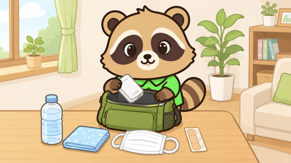 たぬきがモバイルバッテリーやマスクや絆創膏をバッグに入れて外出時の備えを確認している