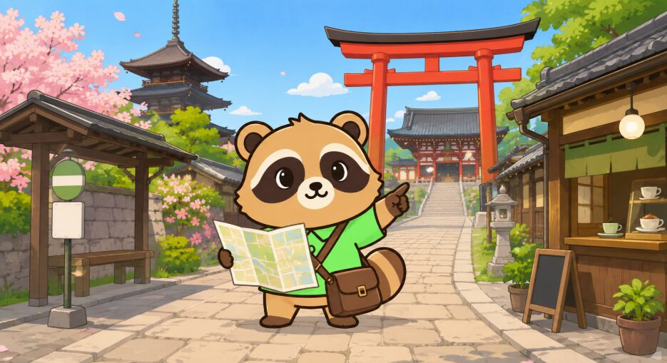 京都の石畳の道で、緑のシャツのたぬきが地図を持ち、寺社巡りの方向を指差しているイラスト