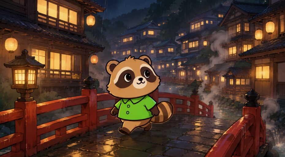 雨上がりの夜の赤い橋で、緑のシャツを着たたぬきがレトロな温泉街を歩いているイラスト