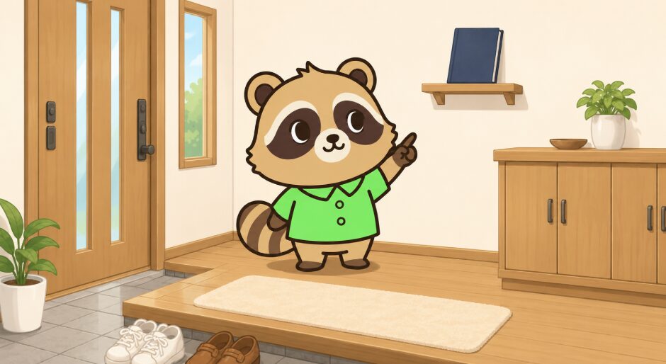 明るい玄関で、たぬきが高い位置の棚に置かれた御朱印帳を指差しているイラスト