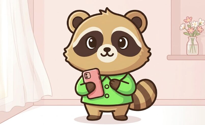 ピンクのスマホケースの風水的な意味を、緑のシャツを着たかわいいたぬきが胸に手を当ててやさしく紹介しているイラスト