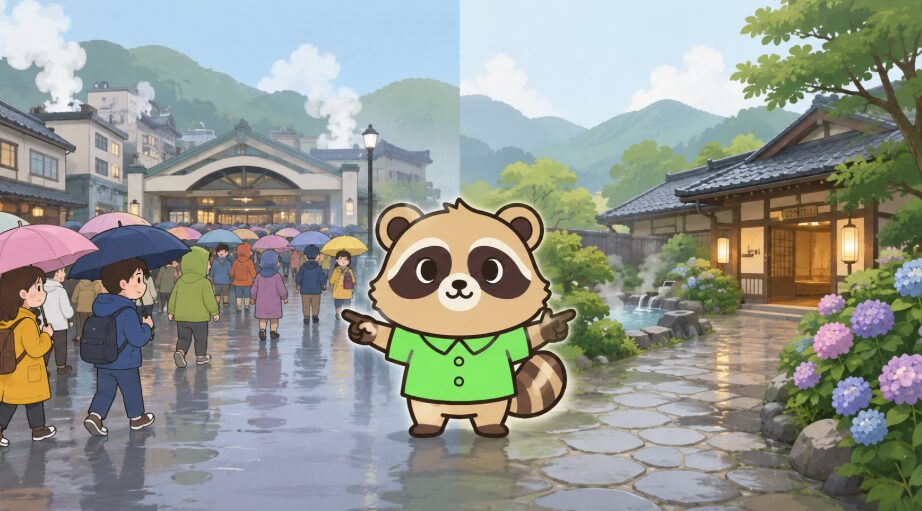 緑のシャツを着たたぬきが、混雑した温泉街と静かな温泉宿を左右で比較しているイラスト
