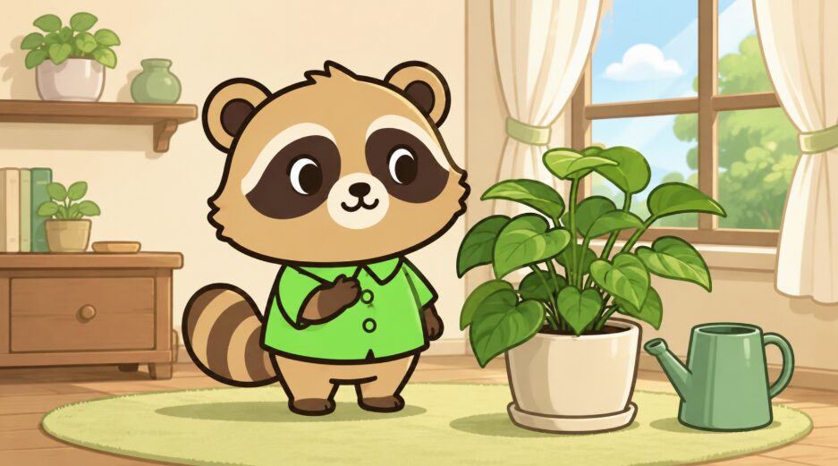 たぬきが明るい部屋で元気に育った観葉植物を穏やかに眺めているイラスト