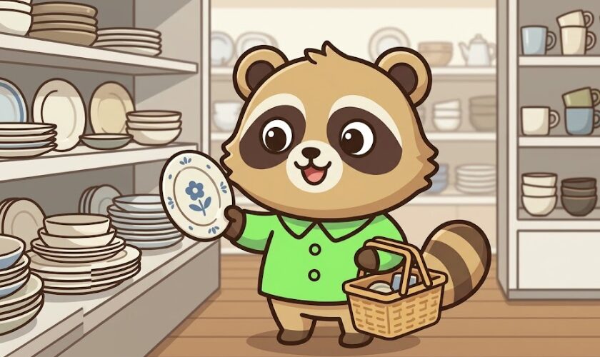 たぬきが食器店で新しいお皿を選び、買い替えの準備をしているイラスト