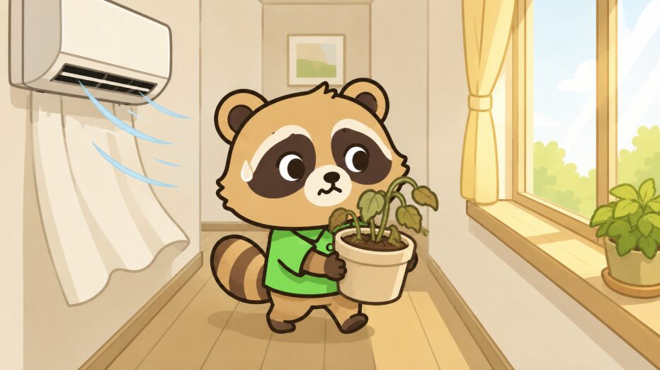 たぬきがエアコンの風が当たる場所の元気のない観葉植物を見て困っているイラスト