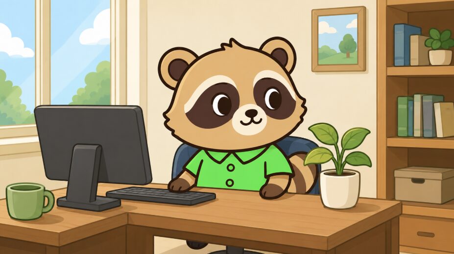 たぬきが仕事部屋のデスクでパソコン作業をしながら観葉植物を眺めて休憩しているイラスト