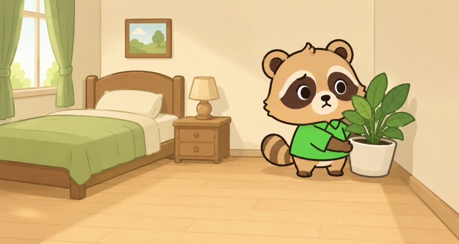 たぬきが寝室の通路を避けて部屋の隅に観葉植物を安全に置いているイラスト