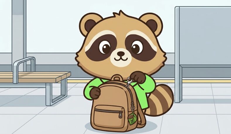 駅のホームでリュックを持つかわいいたぬきのイラスト