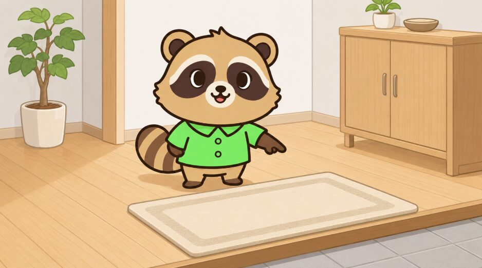かわいいたぬきキャラクターが、明るく清潔な玄関でベージュとアイボリーの玄関マットを指差して説明しているイラスト。