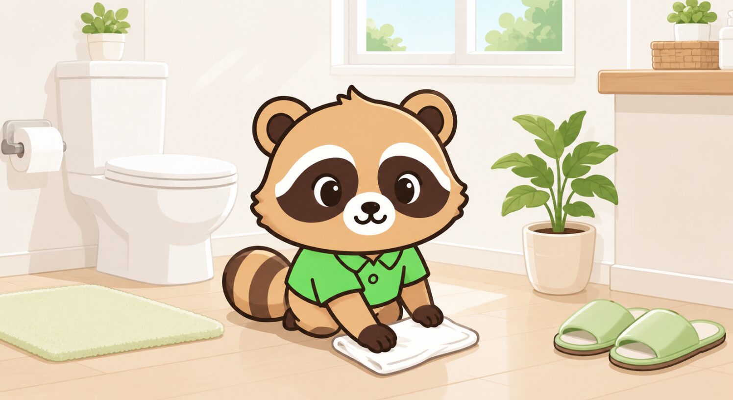 かわいいデフォルメたぬきが清潔なトイレで床を拭き、観葉植物と専用スリッパを整えている明るいフラットイラスト