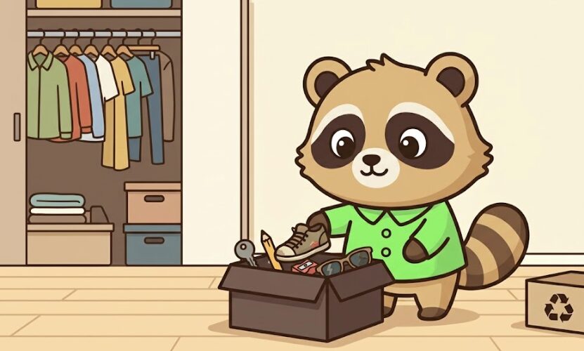 緑のシャツを着たたぬきが、古い靴や不要な小物を箱に入れて片づけているイラスト