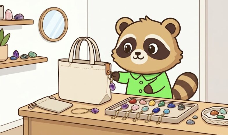 緑のシャツを着たかわいいたぬきが、天然石バッグチャームをバッグに付けようとしているイラスト