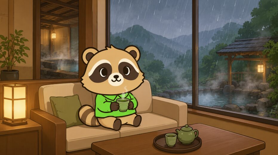 温泉宿のラウンジで、緑のシャツを着たたぬきがお茶を持ちながら雨の露天風呂を眺めているイラスト
