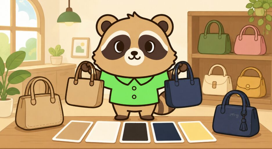 たぬきが色違いのバッグと色見本を見比べながら、自分に合うバッグの色を選んでいる