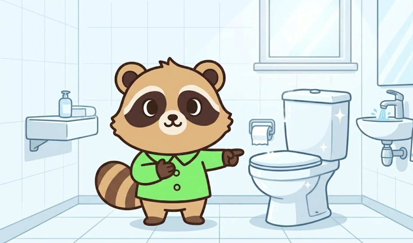 清潔なトイレの前で緑のシャツを着たかわいいたぬきが胸に手を当て、磨かれた便器を指差してスピリチュアルな意味を説明しているイラスト