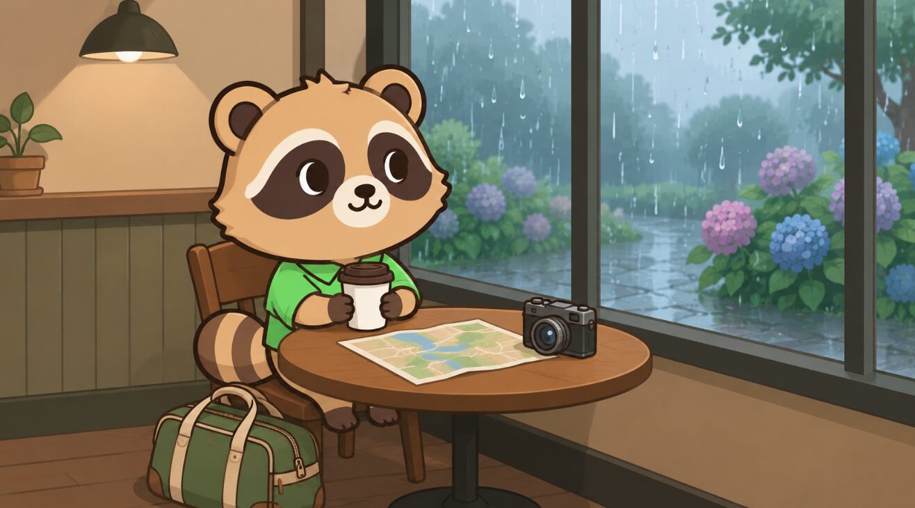 雨の日のカフェで、たぬきが地図とカメラを置いたテーブルでコーヒーを飲みながら外を眺めるイラスト