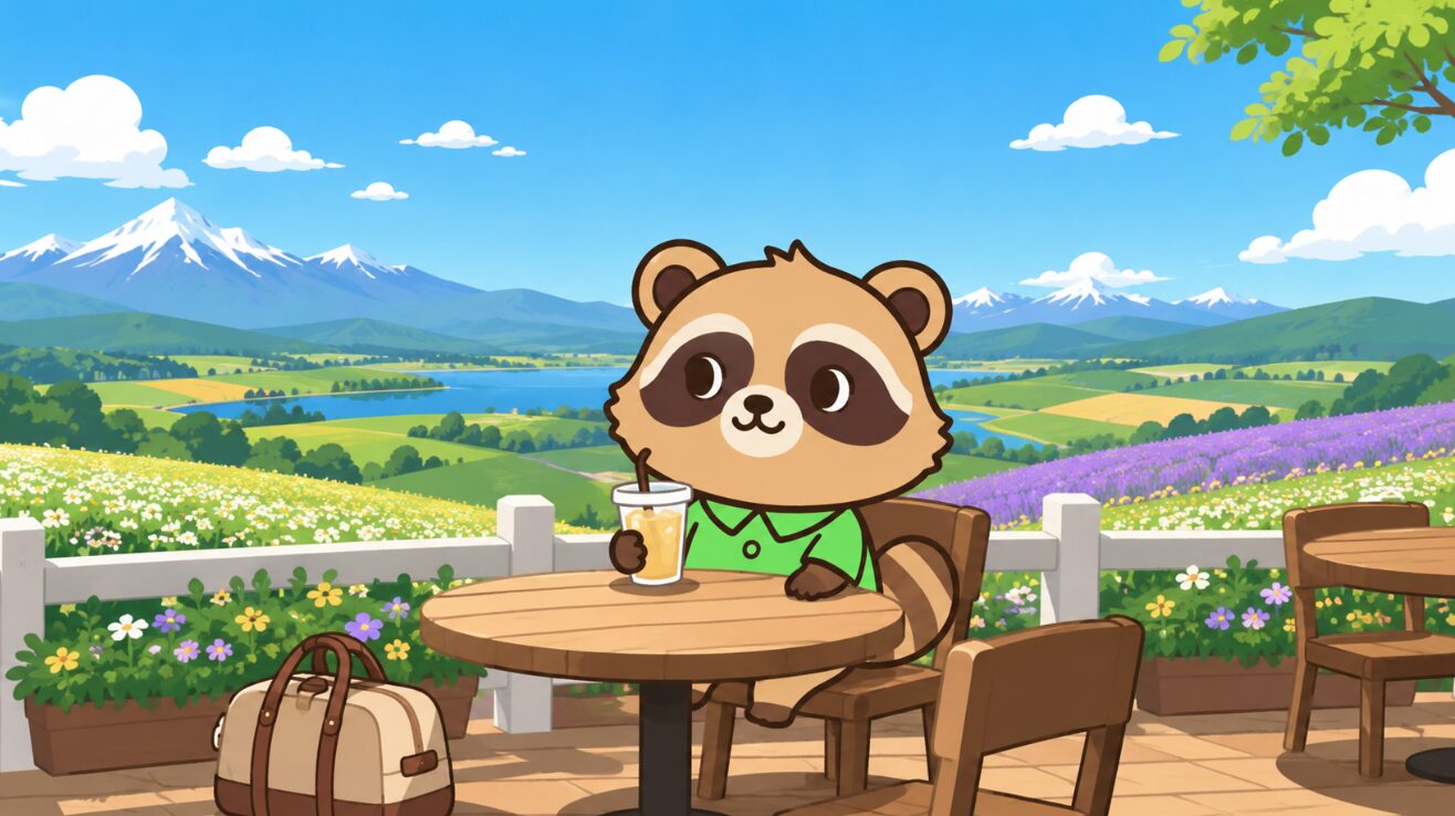 北海道のような広い丘のカフェテラスで、たぬきが飲み物を持って景色を眺めるイラスト