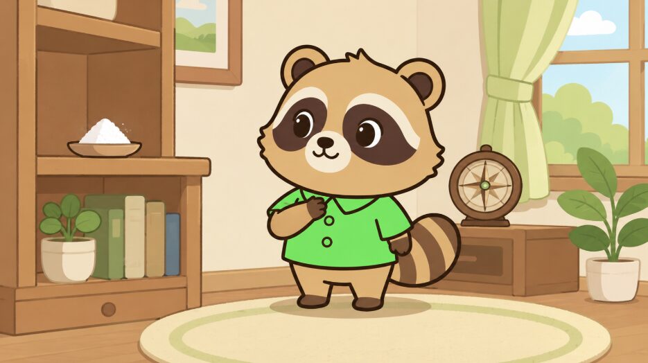 緑のシャツのたぬきが子どもや猫の届かない高い棚に守り塩を置いている様子