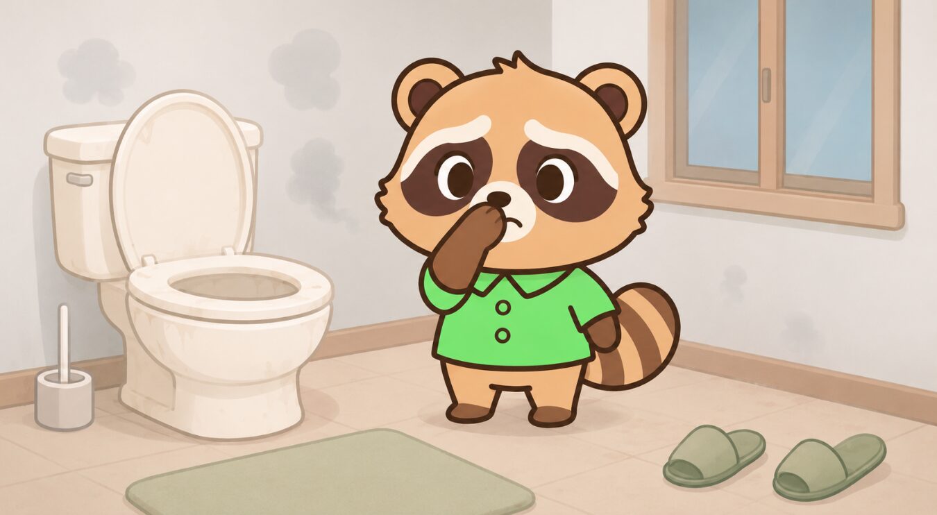 困った表情のかわいいたぬきキャラクターが、少し汚れたトイレの前で鼻を押さえているイラスト