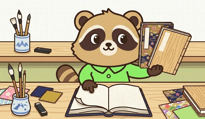 たぬきが御朱印帳の紙質や布表紙、木製表紙を手に取って確認しているイラスト