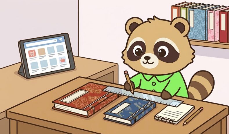 たぬきが大きさの違う御朱印帳を並べてサイズやページ数を確認しているイラスト