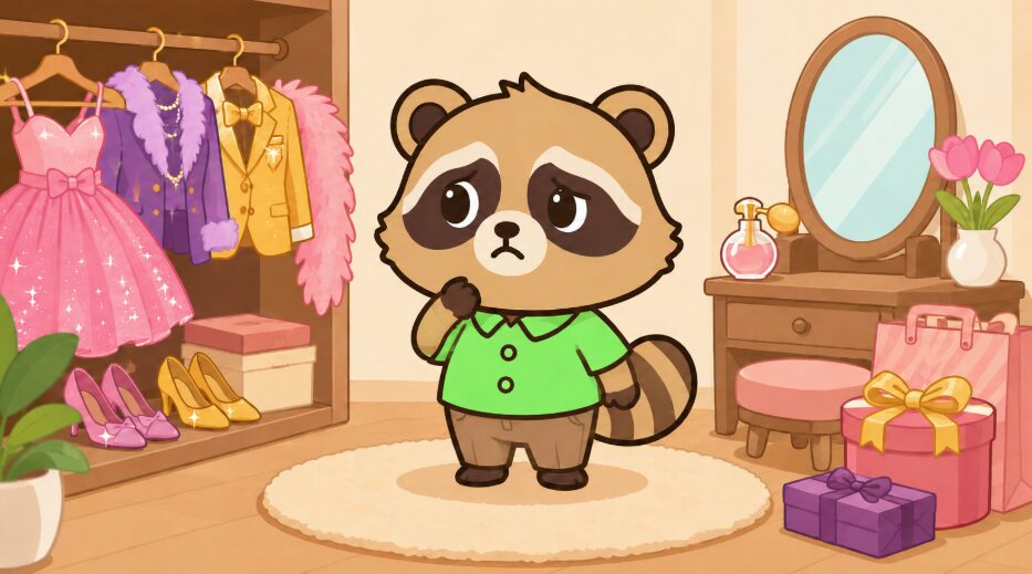 かわいいデフォルメたぬきが緑のシャツを着て、派手な服や香水瓶が並ぶ明るいクローゼット部屋で困った表情をしているイラスト。背景には鏡台、ギフトボックス、ドレスや靴が描かれている。