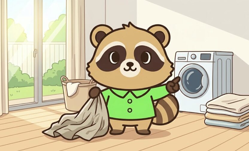 緑のシャツを着たたぬきが洗濯前のカーテンを持ち、窓辺で洗い方を説明しているイラスト