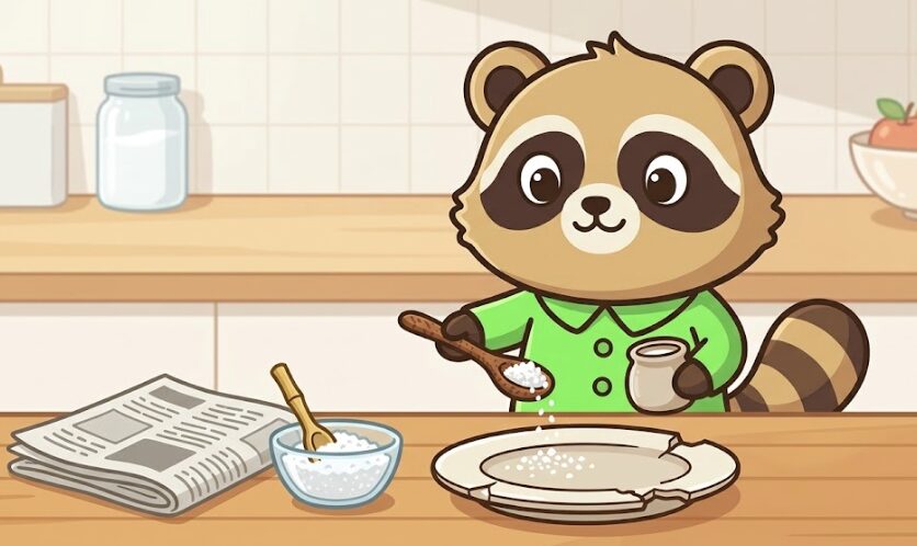 たぬきが欠けた食器に粗塩を振りかけ、気持ちを整えて手放す準備をしているイラスト