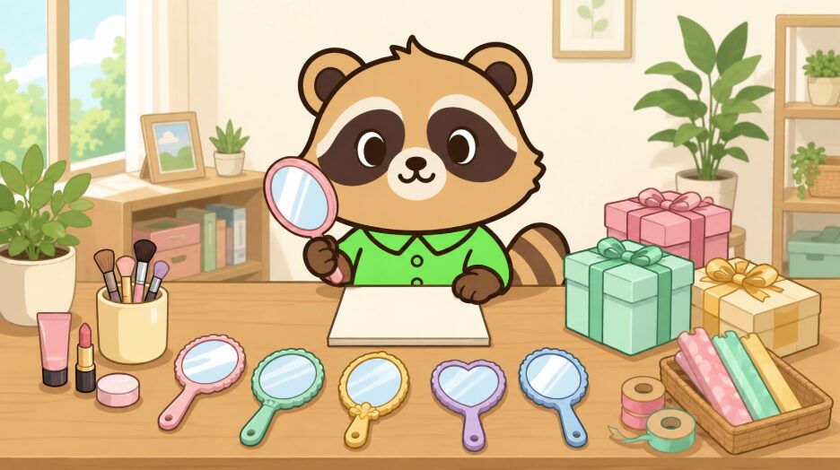 明るい部屋の整理された机で、緑のシャツを着たかわいいデフォルメたぬきが複数の手鏡を見比べ、無地のチェックリストとギフトボックスを確認しているフラットイラスト。