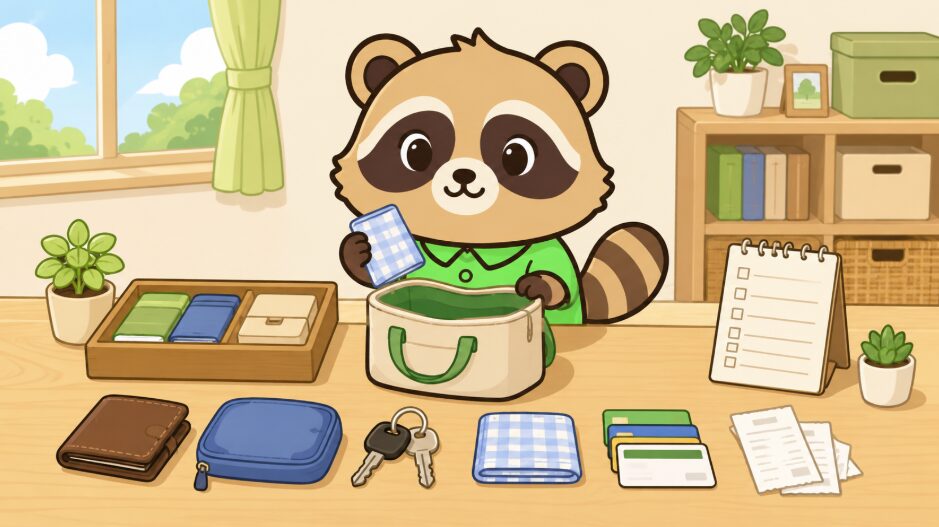 たぬきが机に財布や鍵やポーチを並べ、新しいバッグに入れる持ち物を見直している