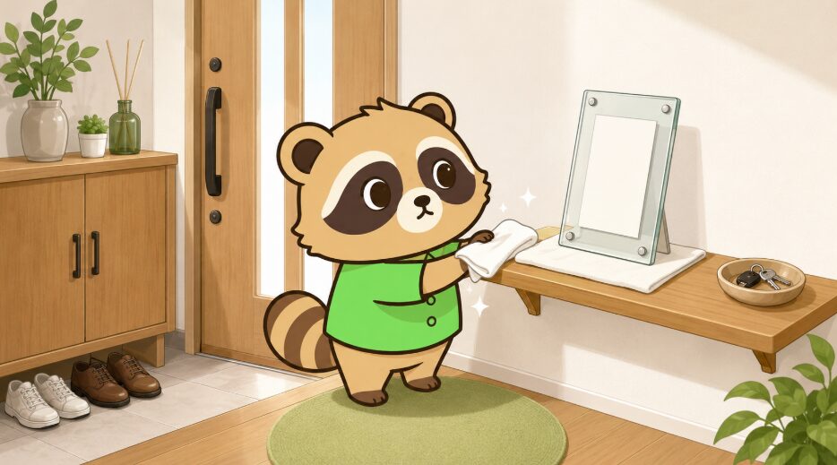 玄関でたぬきが壁棚を布で拭き、白い布と透明フレームを整えているイラスト