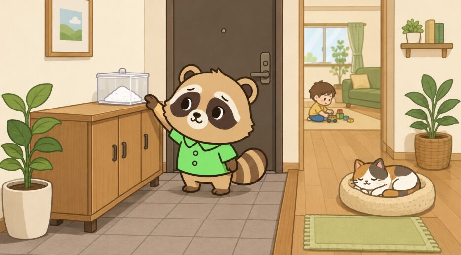 緑のシャツのたぬきが子どもや猫の届かない高い棚に守り塩を置いている様子