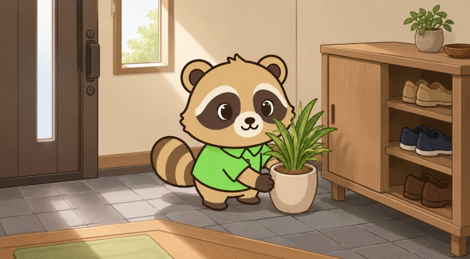 たぬきが玄関の靴箱横に観葉植物を置き、暗めの玄関を明るく整えているイラスト