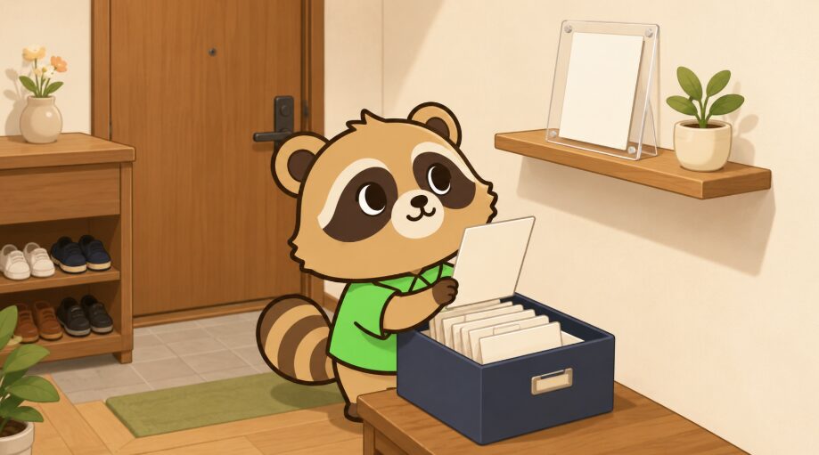 玄関の壁棚の前で、たぬきが透明フレームの中の和紙カードを入れ替えているイラスト
