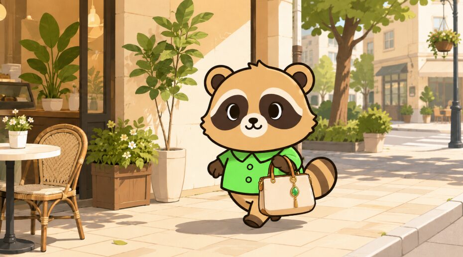 緑のシャツを着たかわいいたぬきが、天然石バッグチャーム付きのバッグを持って明るい街を歩いているイラスト