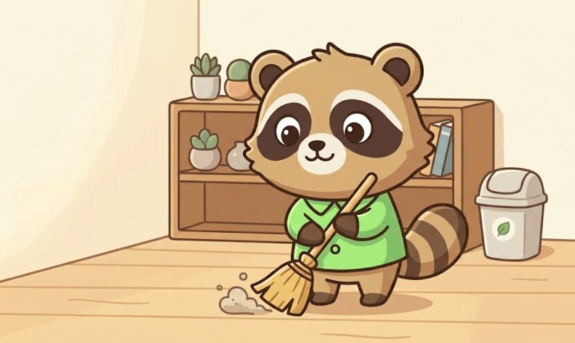 緑のシャツを着たたぬきが、少し迷いながらも部屋の床を軽く掃除しているイラスト