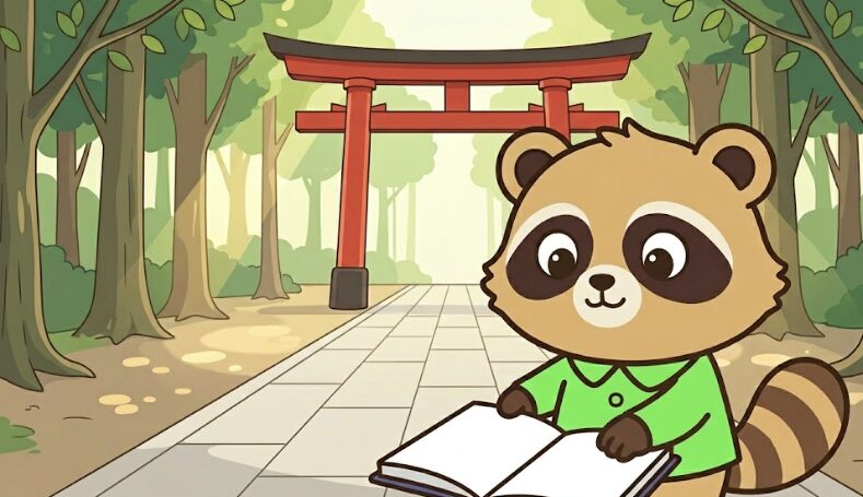御朱印帳を最初のページから順番にめくるたぬき