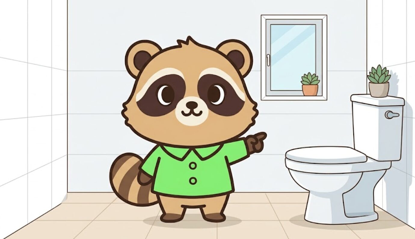 清潔なトイレで緑のシャツを着たかわいいたぬきが、便器と換気窓を指差してトイレ掃除と運気の基本を説明しているイラスト