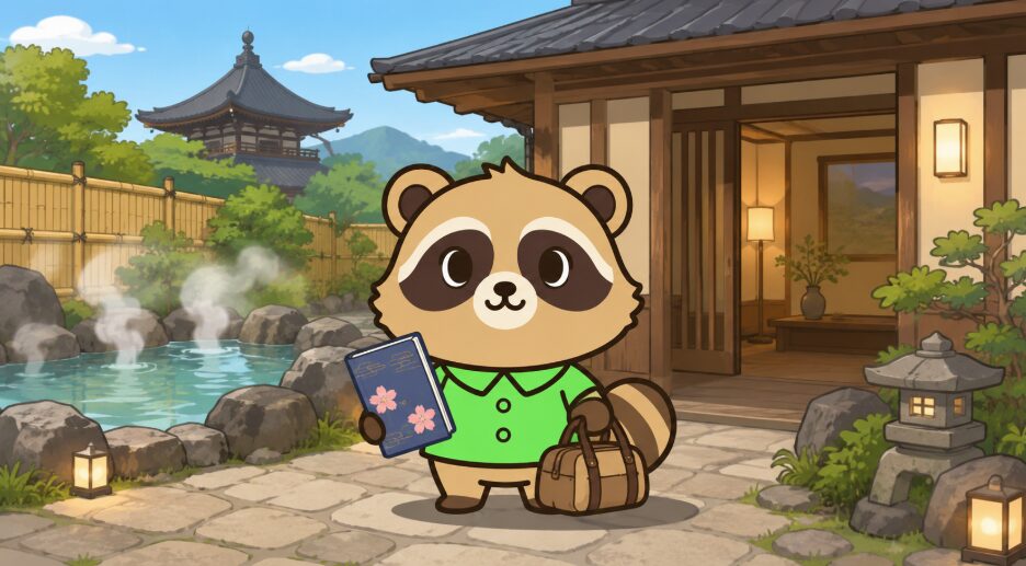 旅行バッグと御朱印帳を持った緑のシャツのたぬきが、露天風呂の湯けむりが立つ和風旅館の前で満足そうに立っているイラスト