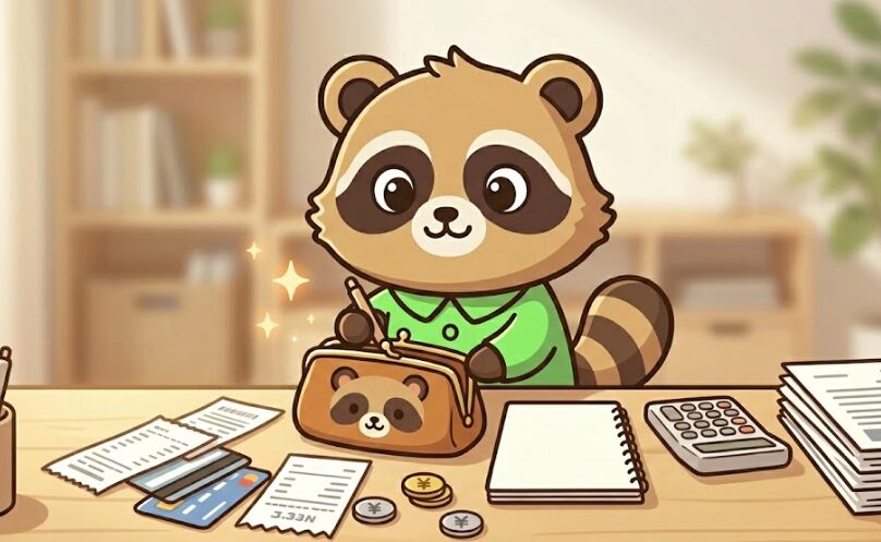 緑のシャツを着たたぬきが、机の上で財布の中のレシートやカードを整理しているイラスト