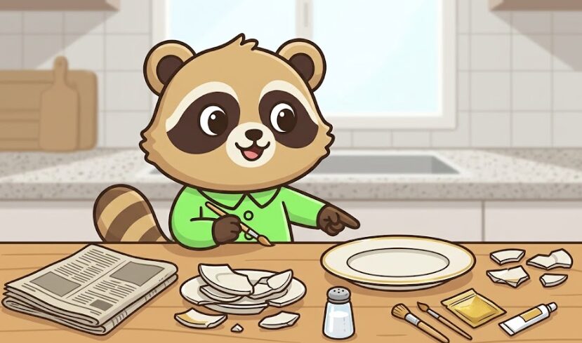 たぬきが欠けた食器の手放し方や修復、買い替え方法をキッチンで説明しているイラスト