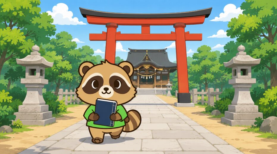 御朱印帳を持った緑のシャツのたぬきが、鳥居から拝殿へまっすぐ続く石畳の参道を歩いているイラスト