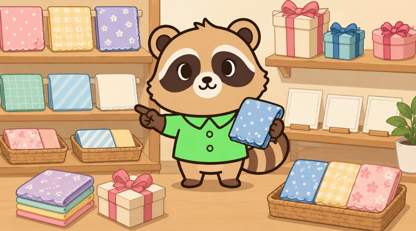 ギフトショップで緑のシャツを着たかわいいたぬきが、ハンカチを手に持って贈り物としての意味を説明しているイラスト
