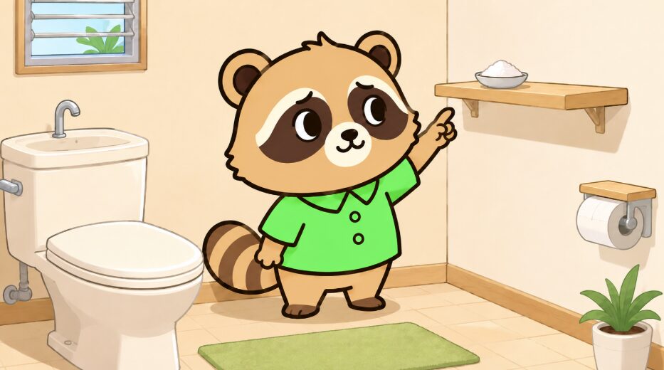 緑のシャツのたぬきがトイレの棚に置いた守り塩の位置を確認している様子