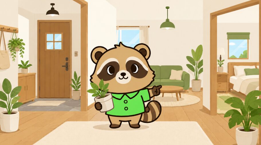 観葉植物の鉢を持つたぬきが、部屋ごとの置き場所を指差して説明しているイラスト