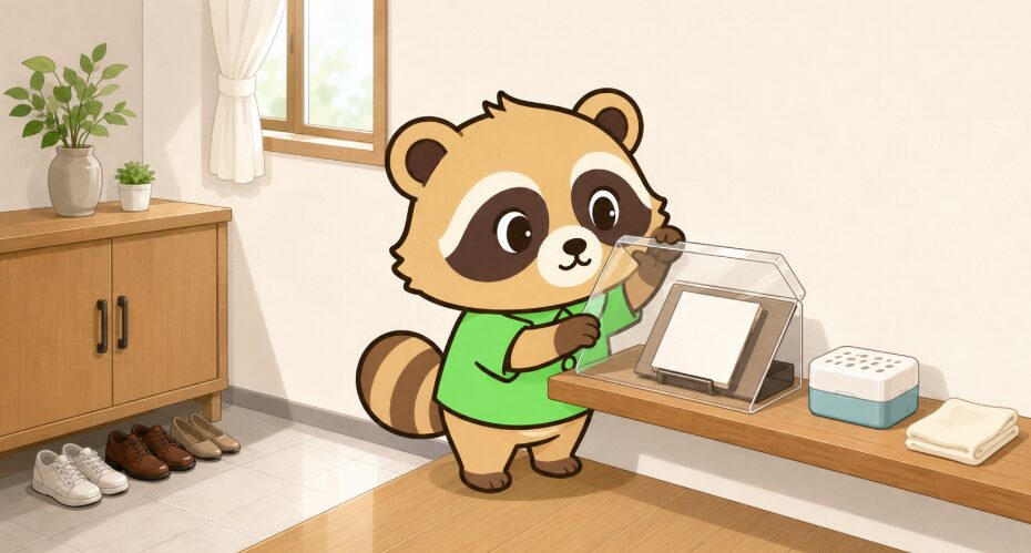 たぬきが玄関の棚で透明カバー付きフレームと乾燥剤を確認しているイラスト