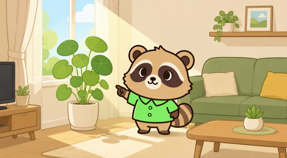 たぬきが明るいリビングの窓辺に観葉植物を置き、心地よい空間を作っているイラスト
